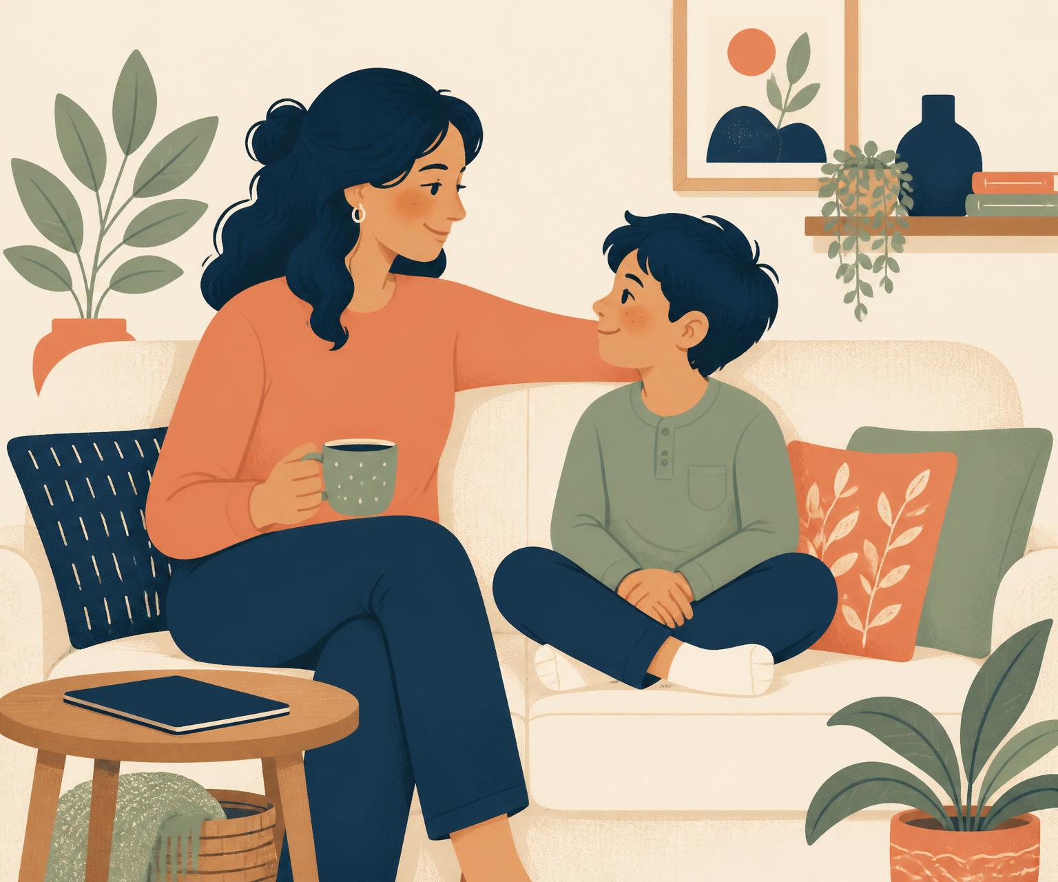 Warm abstract illustration of a parent holding a child